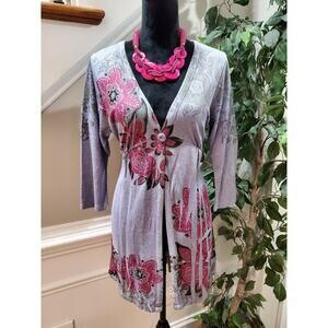 Ashley Blue Women's Gray Floral Viscose Long Sleeve Cardigan Sweater Size XL